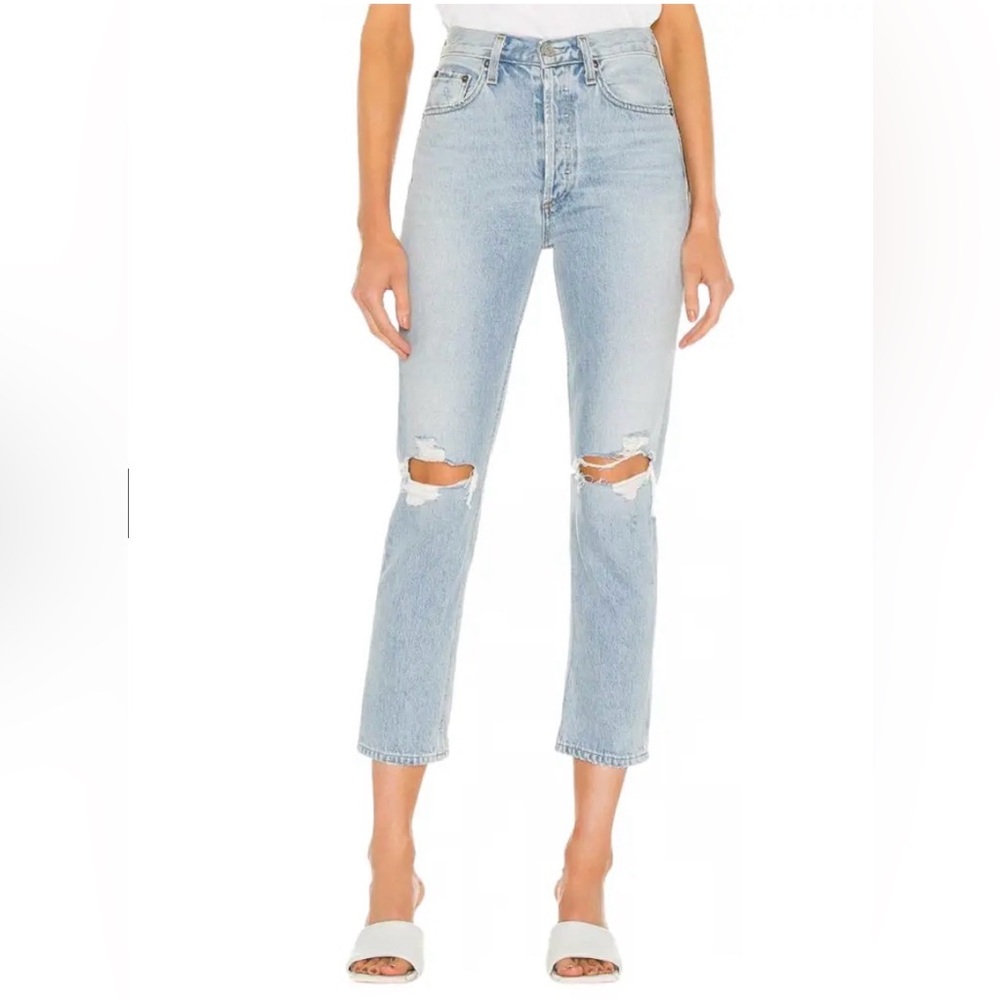 AGOLDE Riley High Rise Straight Crop Jeans Distressed Button Fly Size 27‎